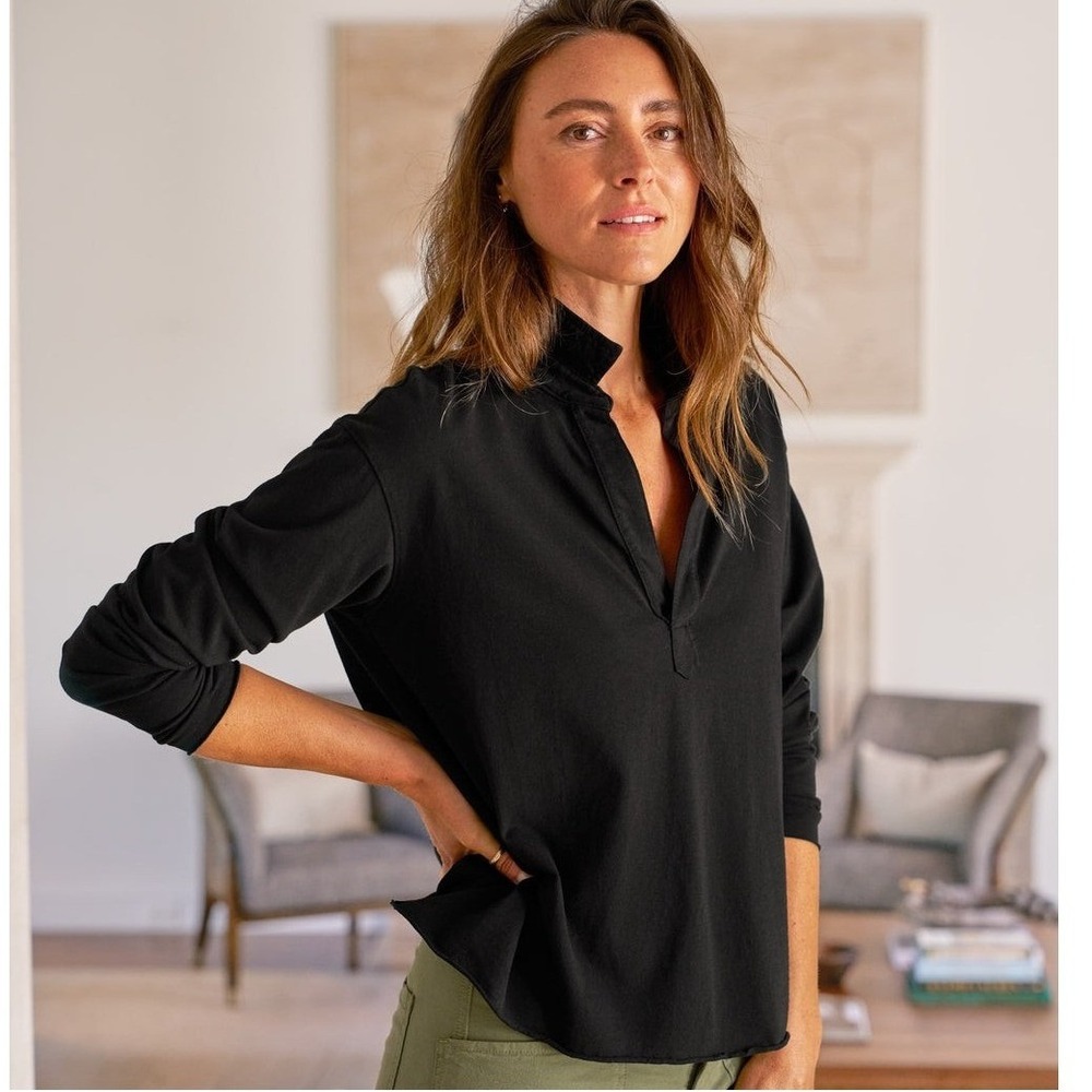 Frank Eileen Womens Patrick Popover Henley Top XS Black Heritage Preppy Cotton
